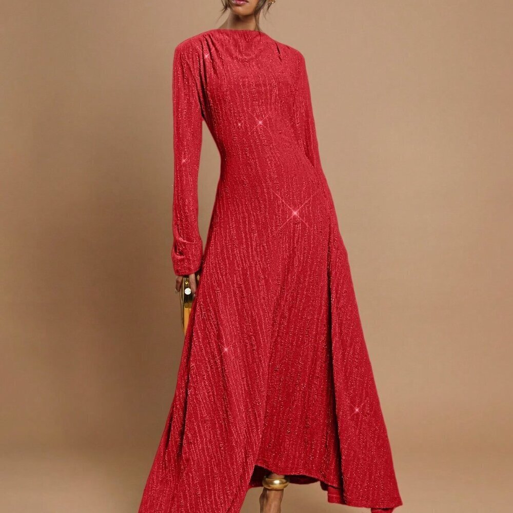 Red Party Women's Stand Collar Long Sleeve Sparkling Luxury Long Dress